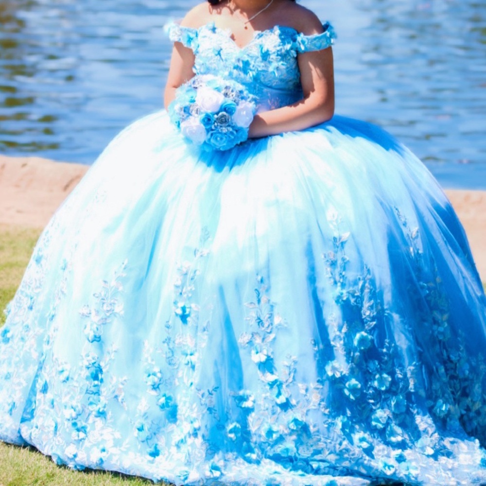 Stunning Quinceañera dress, crown, flowers, and box for sale
